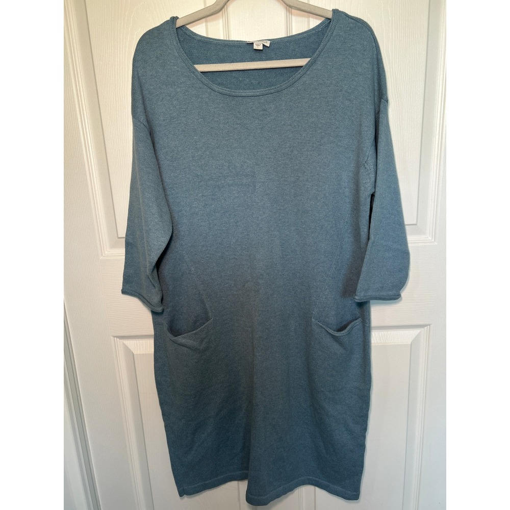 Pure Jill Knit Tunic Pockets 3/4 Sleeve Blue Cotton Cashmere Blend Size L Dress